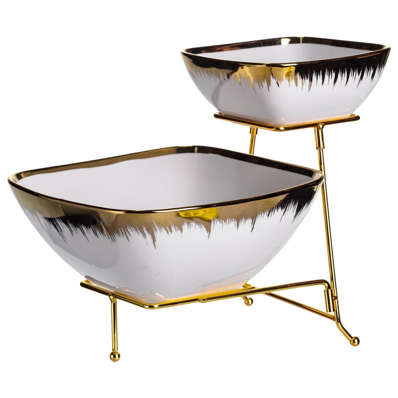 Фруктовница на 2 яруса фуршетная стойка для закусок 31х23х25 см Белый с золотым (2558-1)