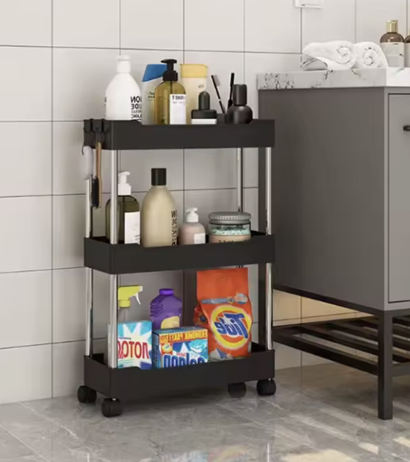 Этажерка пластиковая напольная узкая 3 полки 60х35х12 см Черный (30822361)