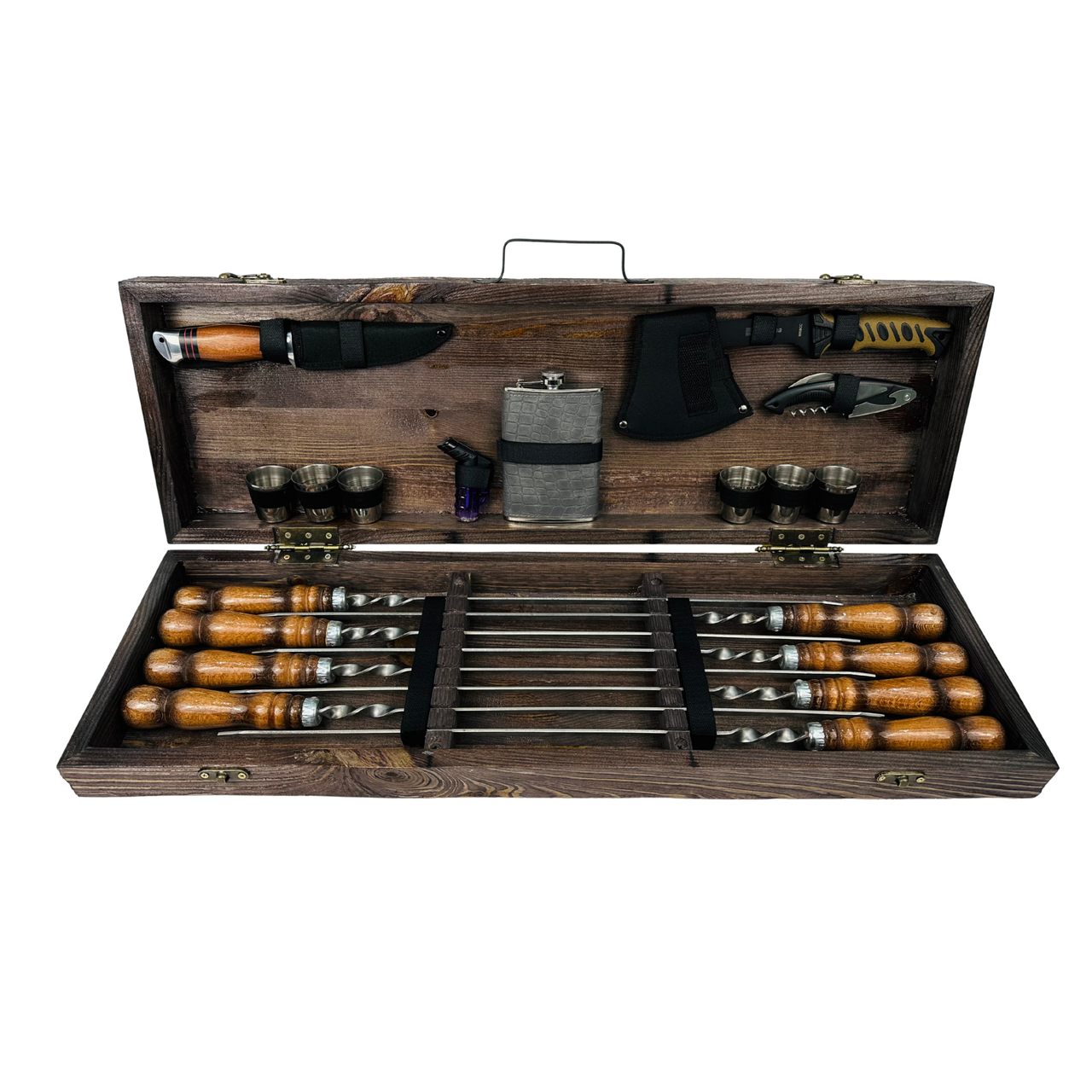 Подарочный набор шампуров с деревянными ручками Охотник в кейсе из дерева с аксессуарами