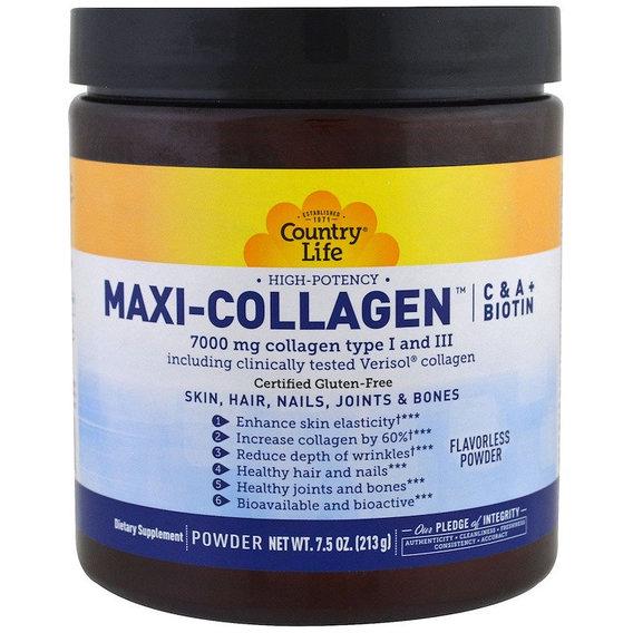 Комплекс для шкіри, волосся, нігтів Country Life Maxi-Collagen C & A plus Biotin High Potency Flavorless Powder 7,5 ун. 213 г 30 порций