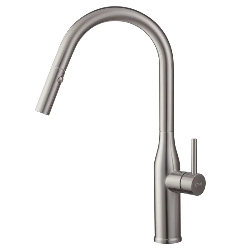 Смеситель кухонный с выдвижным душем однорычажный KOER 004-KI-70004-02 нержавеющая сталь SUS304 Хром (b-KR3385)