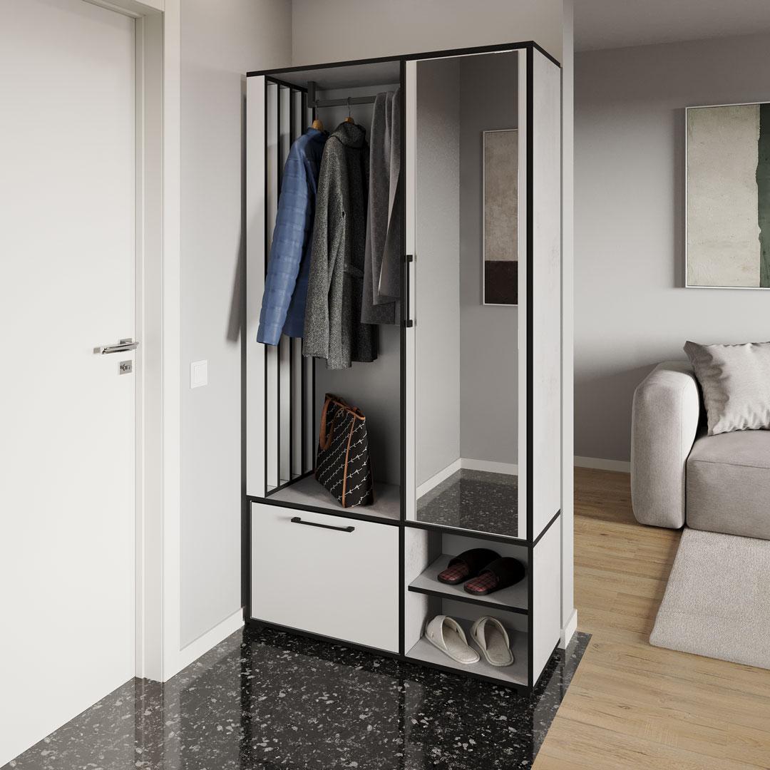 Передпокій Moreli KO-0003 з дзеркалом/дверцятами та штангою для одягу 1000х1900х330 мм Бетон Тефра/Білий (27688053)