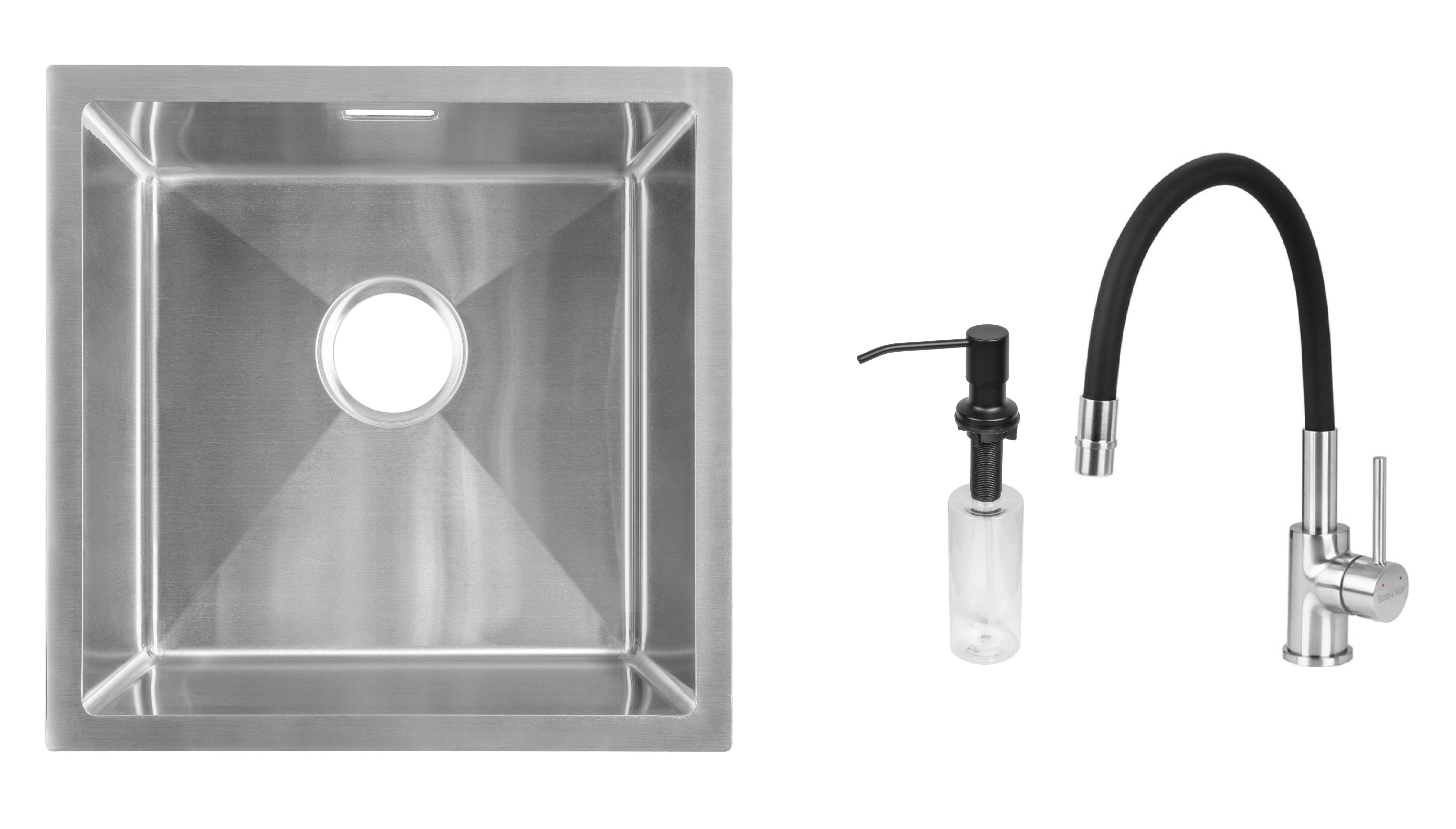 Комплект з кухонної мийки Gunter&Hauer Olef 4522 Inox кухонного змішувача Gunter&Hauer BRISE Brush та дозатора Gunter&Hauer SOAP DISPENSER Black
