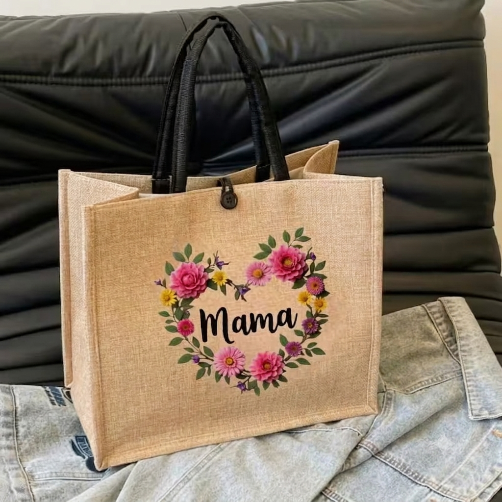Еко-сумка-шоппер жіноча під джут з принтом Mama та квіти з чорними ручками пляжна Бежевий (2934640235)