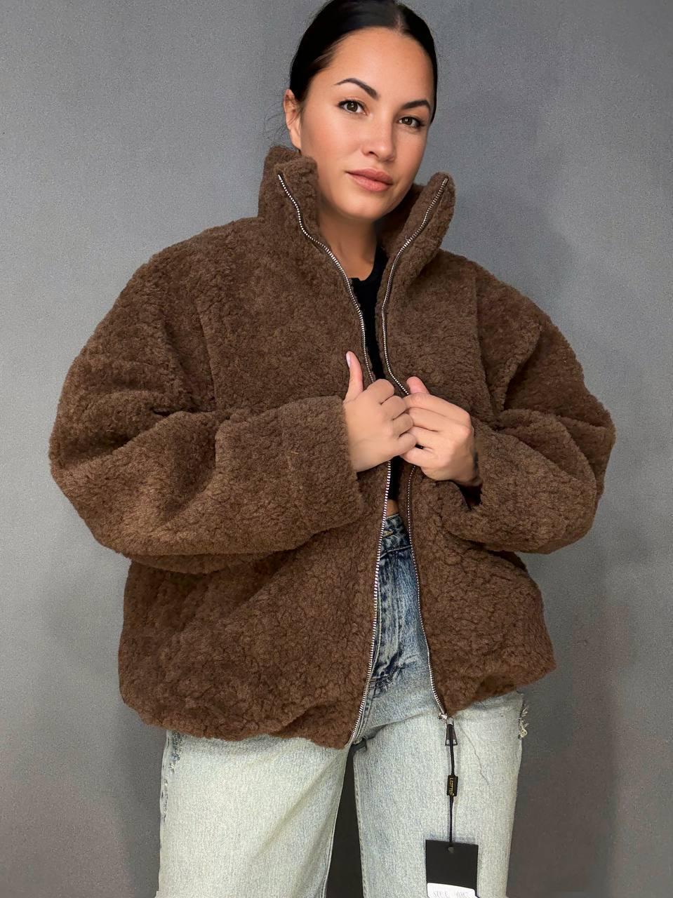 Шуба женская Lady Yep 10017 тедди бомбер на молнии OS Коричневый (5893)