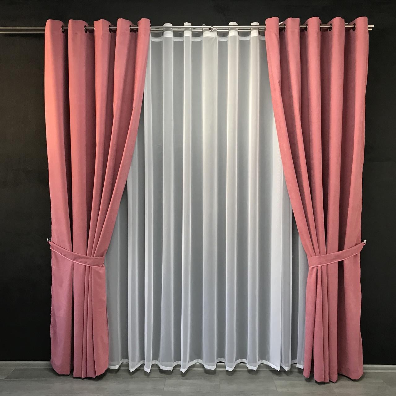 Шторы готовые однотонные из микровелюра с шифоновым тюлем на люверсах 200х270 см Розовый