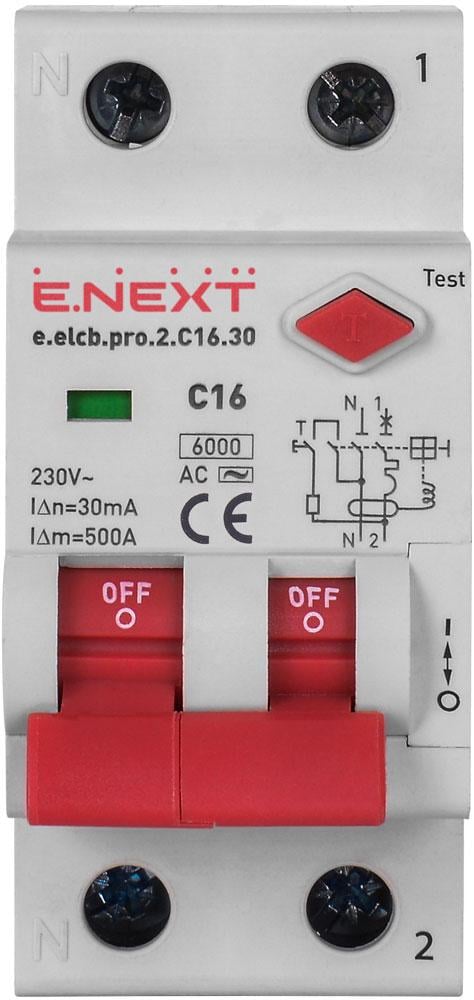 Диференциальный автомат/выключатель E.NEXT e.elcb.pro.2.C16.30 2р 16А C 30 mA с разделенной рукояткой (p0620002)