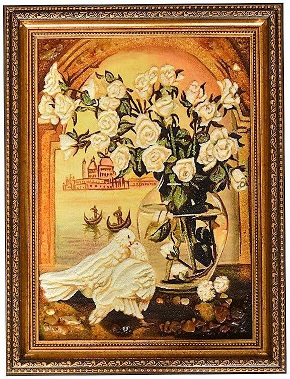 Картина Белые голуби и розы из янтаря 30х40 см (К0008-30х40)