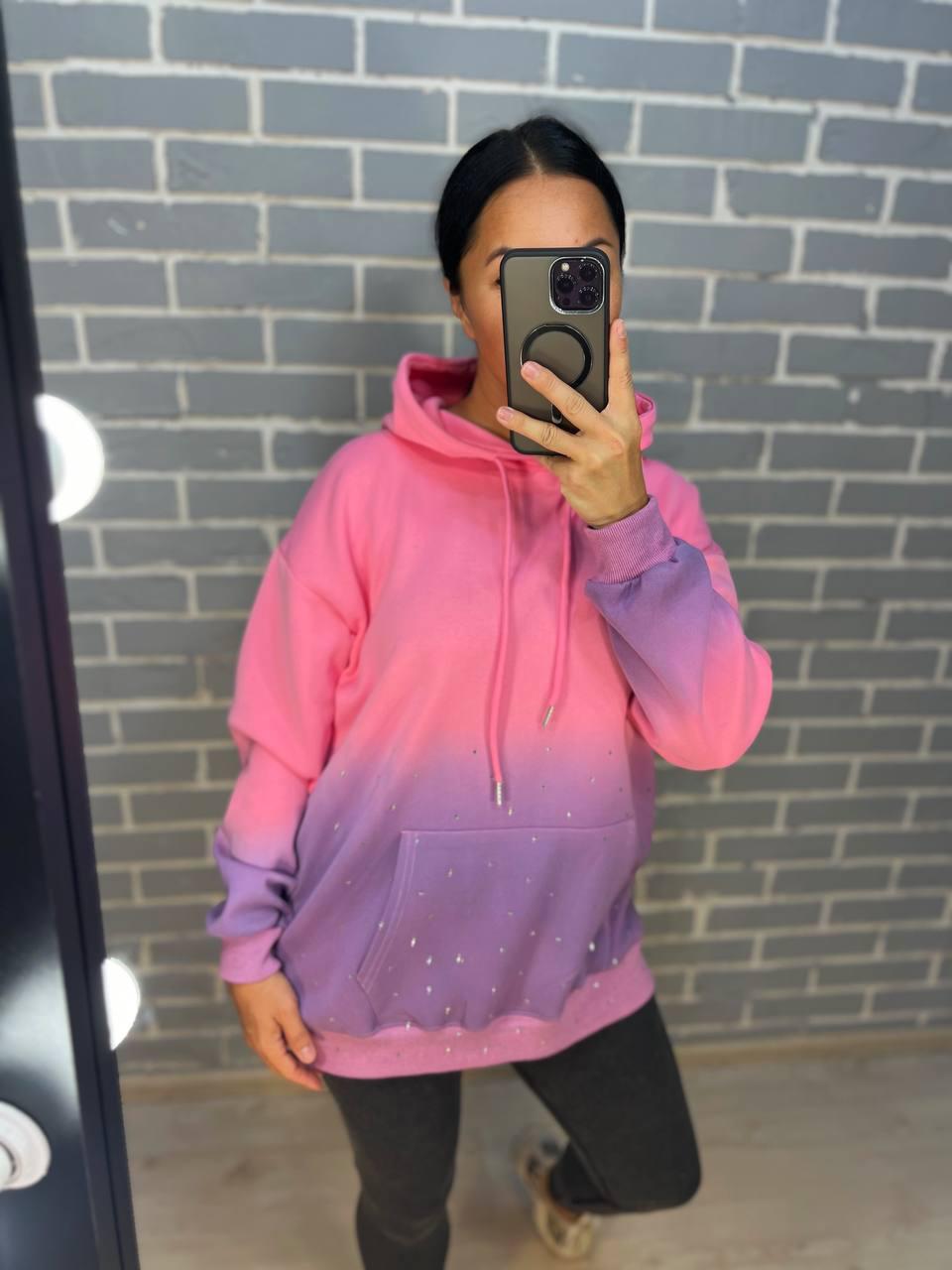 Худі жіноче JOY ONE 3009 з капюшоном подовжене градієнт кольору розсип камінців OS Рожевий (2593) - фото 8