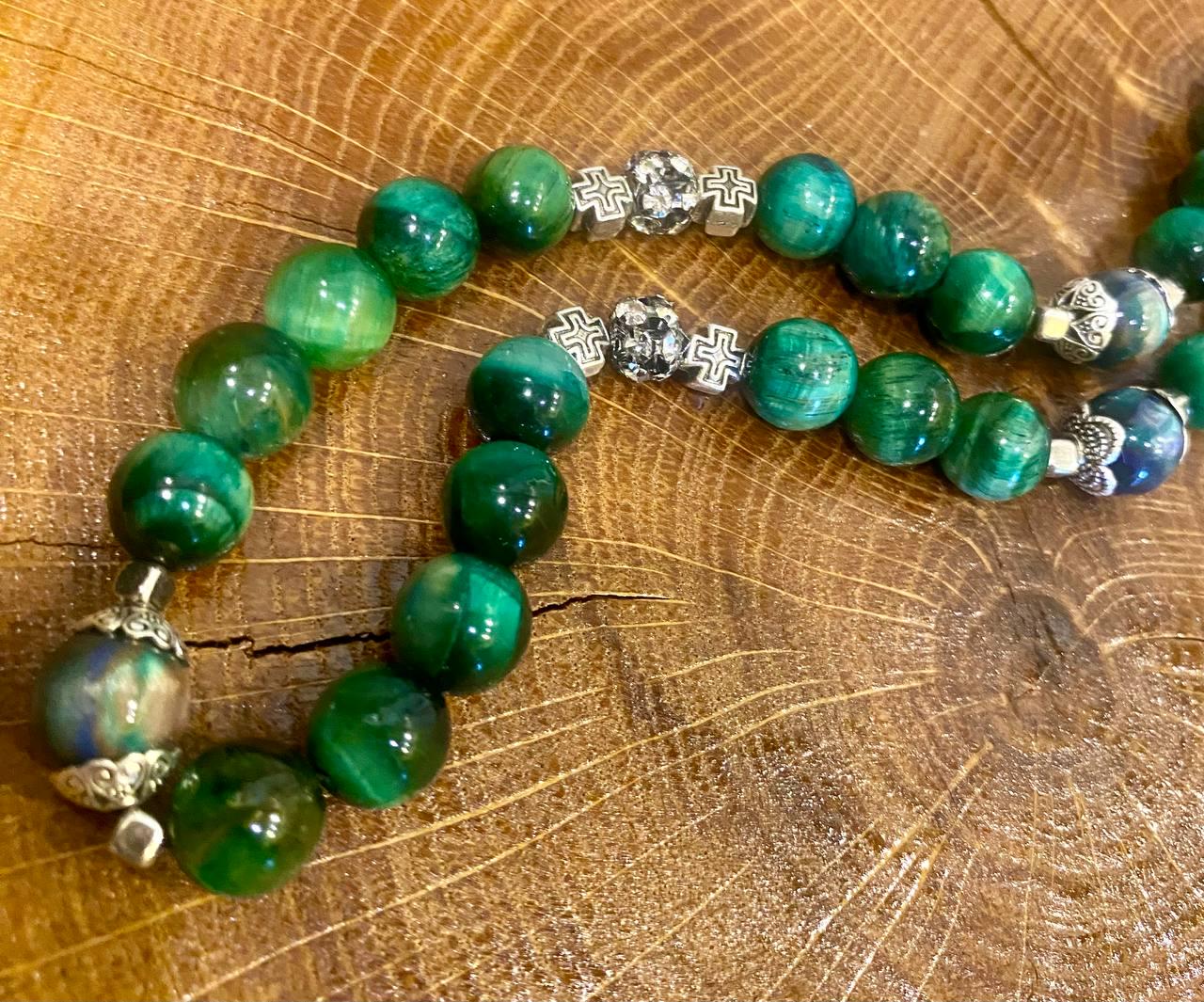 Чотки оберіг православні LITAURS з натурального каменю тигрове око d 10 мм з металевими вставками і хрестом (24083) - фото 4