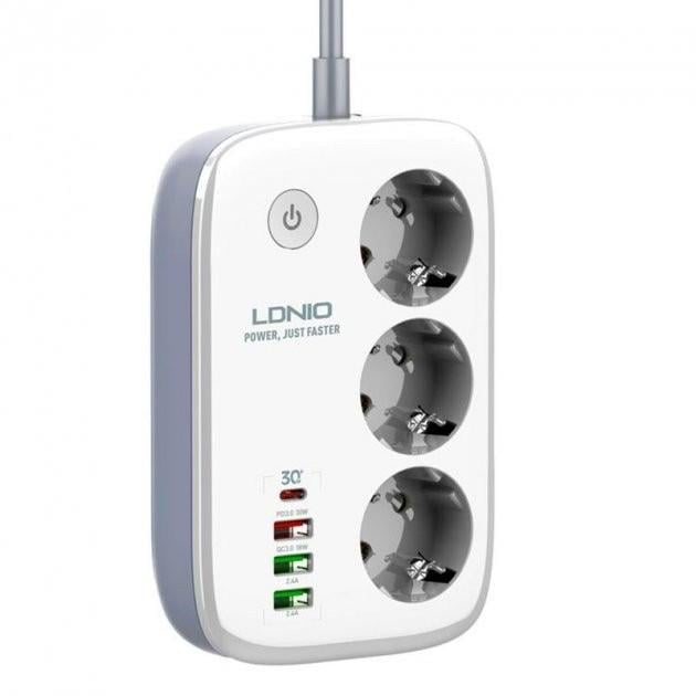 Подовжувач-фільтр мережевий LDNIO SEW3452 WiFi 2500 W 2 м 3 розетки 3USB/1Type-C QC/PD 3A/38W White