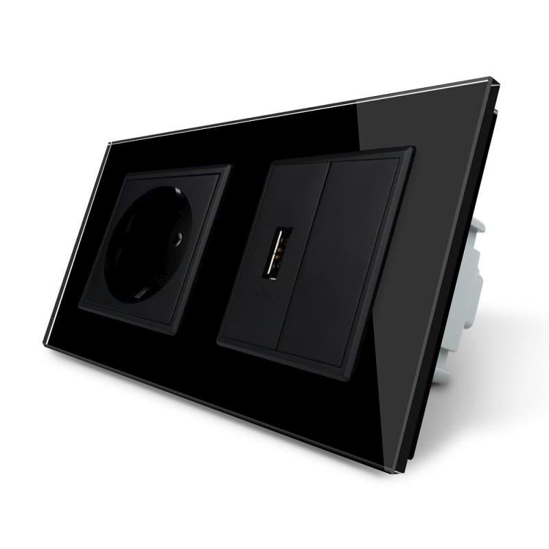Розетка із заземленням LIVOLO з USB розеткою Скляний-чорний (VL-C7C1EUUSBK0-12)