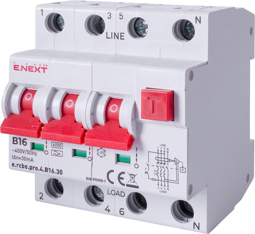Дифференциальный выключатель E.NEXT e.rcbo.pro.4.B16.30 3P+N 16А 30мА "B" тип А с защитой от сверхтоков (p0720029)