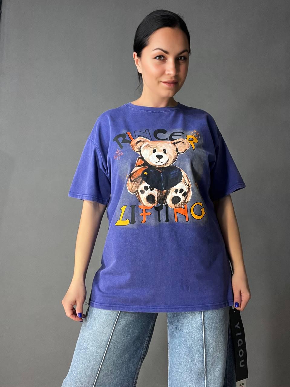 Футболка женская YIGOU 76 Медведь вареная модель удлиненная OS Синий (1931)