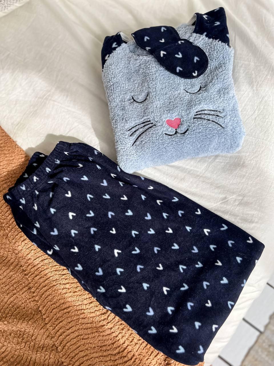 Пижама женская теплая DO2165 с принтом мышки и маской для сна XL Синий Пижама женская теплая DO2165 с принтом мышки и маской для сна XL Синий