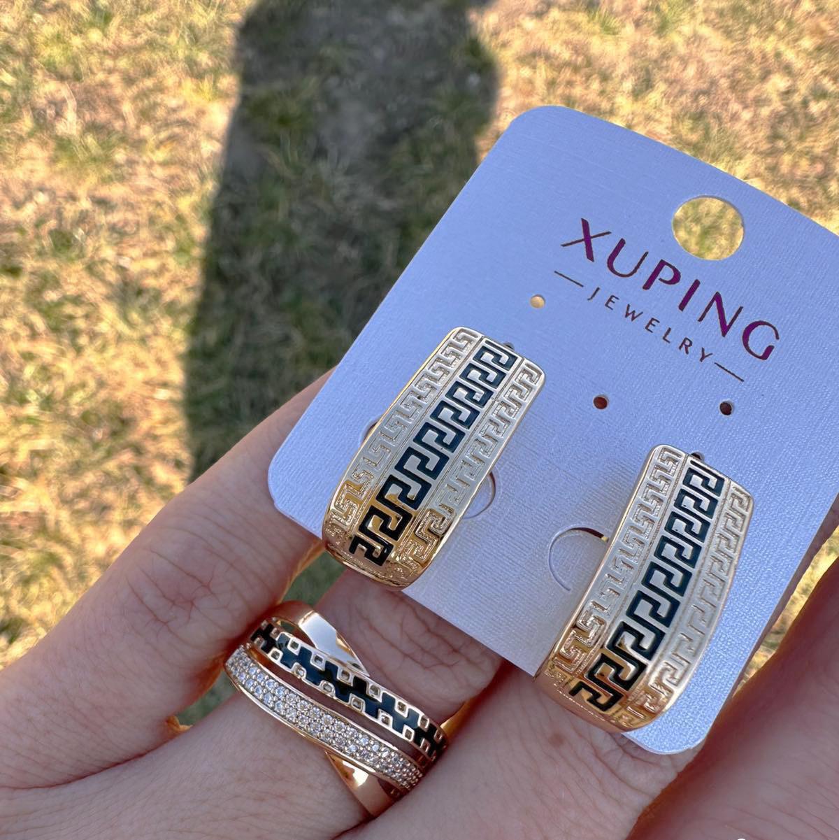 Набор украшений Xuping греческий орнамент меандр колечко/серьги в коробке 18к 585п Золотой (77-567)