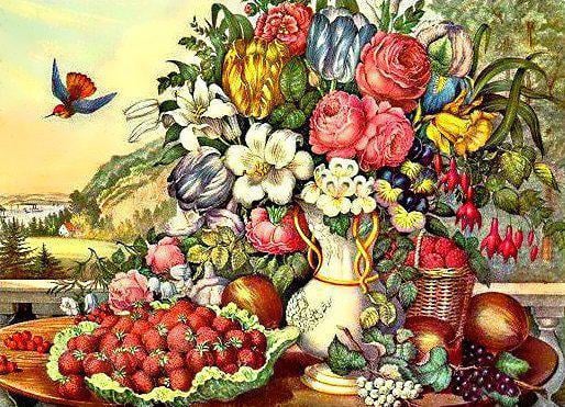 Алмазная мозаика на подрамнике ТМ Алмазна Мозаїка Натюрморт фрукты и цветы 60x40 см (DMF.232-pdr)