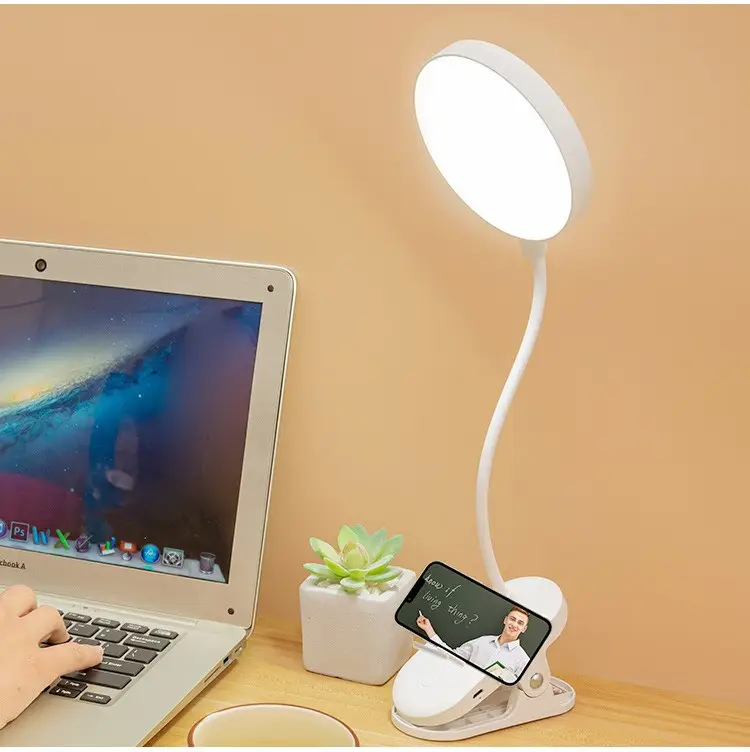 Лампа гибкая настольная LED USB с прищепкой и держателем для смартфона/аккумуляторная/сенсорная/6000K Белый (2991819911)