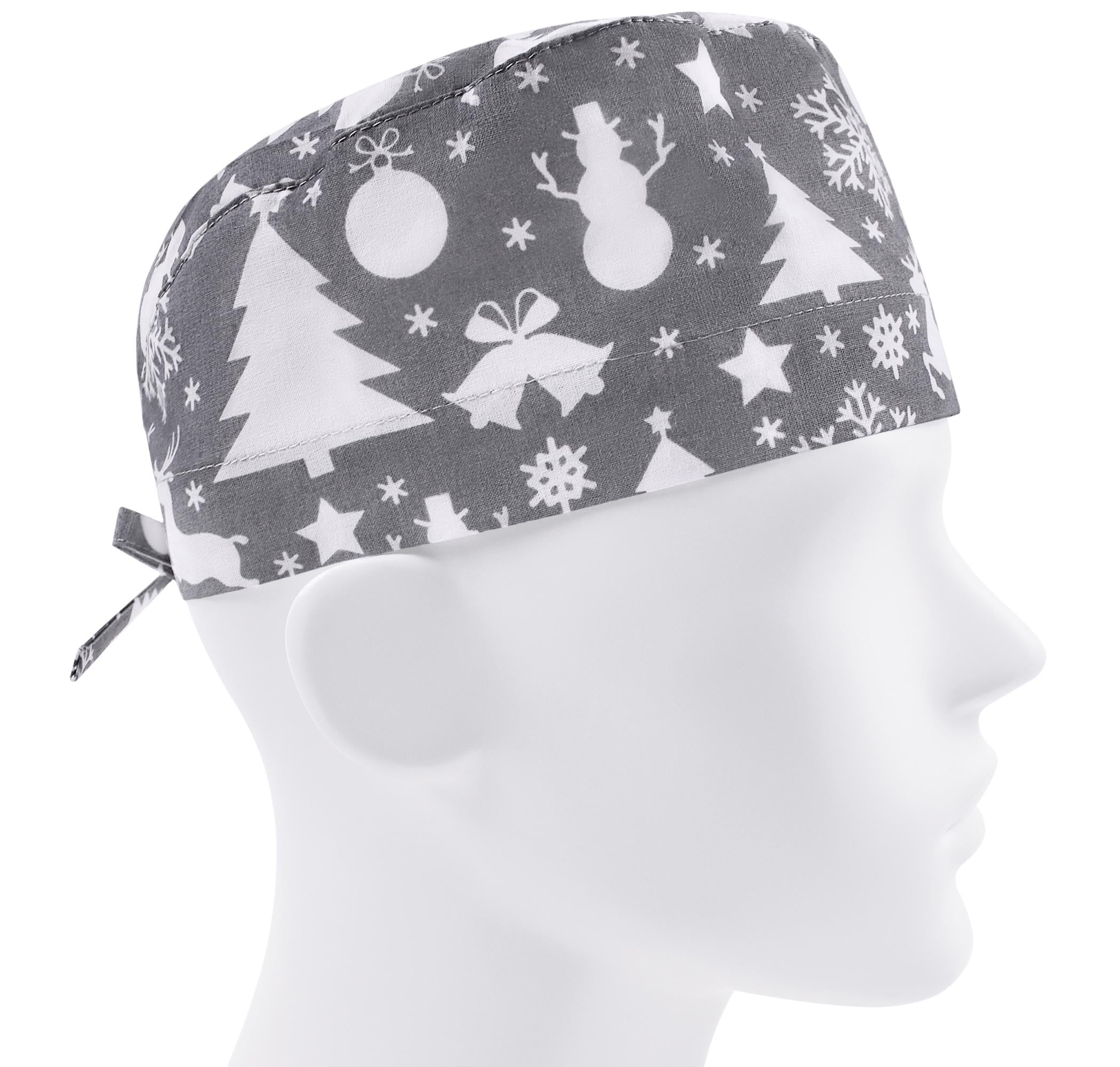 Шапочка медицинская мужская FloralScrubs Белые елки снеговик на сером универсальная (М145)