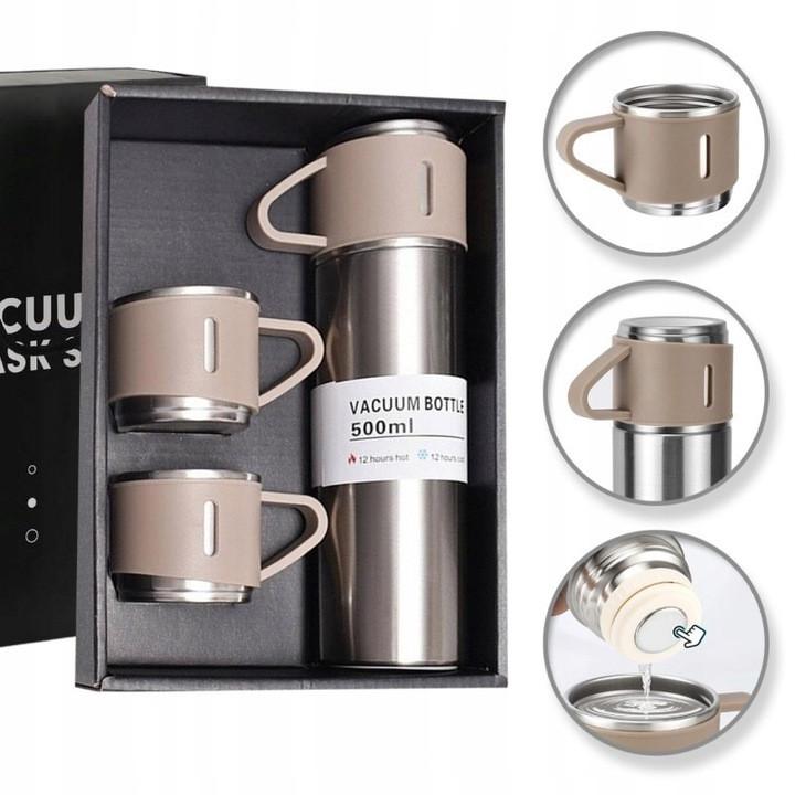 Набор термос с чашками 3 шт. с вакуумной изоляцией в подарочной упаковке 500 мл Коричневый (MX-00008959T) - фото 3 Набор термос с чашками 3 шт. с вакуумной изоляцией в подарочной упаковке 500 мл Коричневый (MX-00008959T) - фото 3