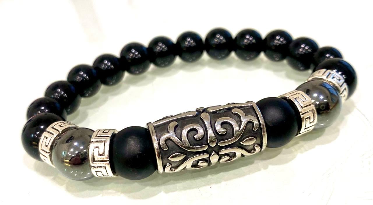 Браслет LITAURS натуральный камень агат/гематит с металлическими вставками L 18-21 см (241205-1)