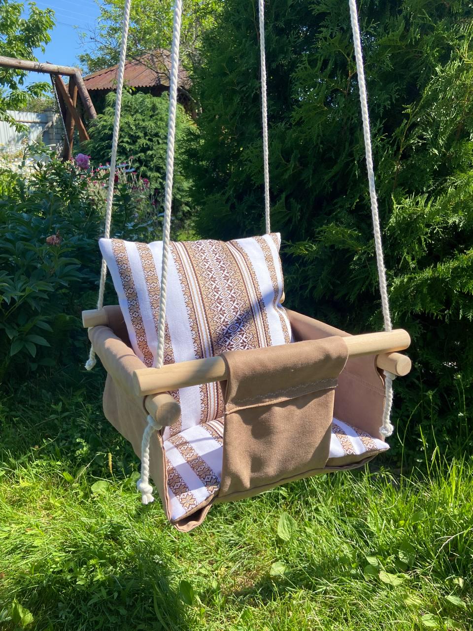 Детские качели подвесные Вышиванка из микровелюра Бежевый (gs-8317)