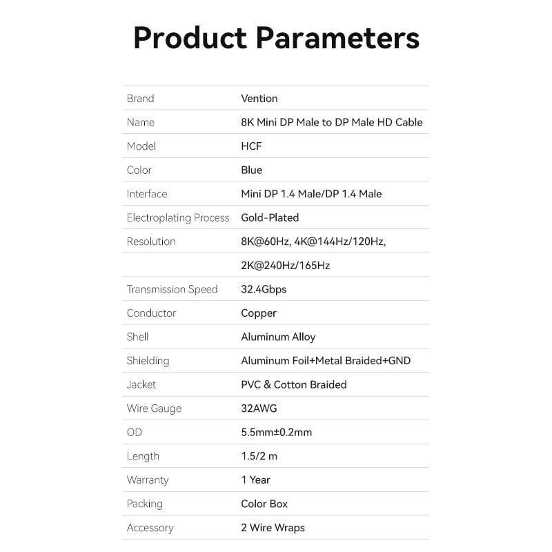 Кабель двонаправлений Vention mini DisplayPort-DisplayPort 1.4 8K 60Hz 4K 144Hz 2K 240Hz 32.4 Гбіт/с DP 2 м Чорний (HCFLH) - фото 8 Кабель двонаправлений Vention mini DisplayPort-DisplayPort 1.4 8K 60Hz 4K 144Hz 2K 240Hz 32.4 Гбіт/с DP 2 м Чорний (HCFLH) - фото 8