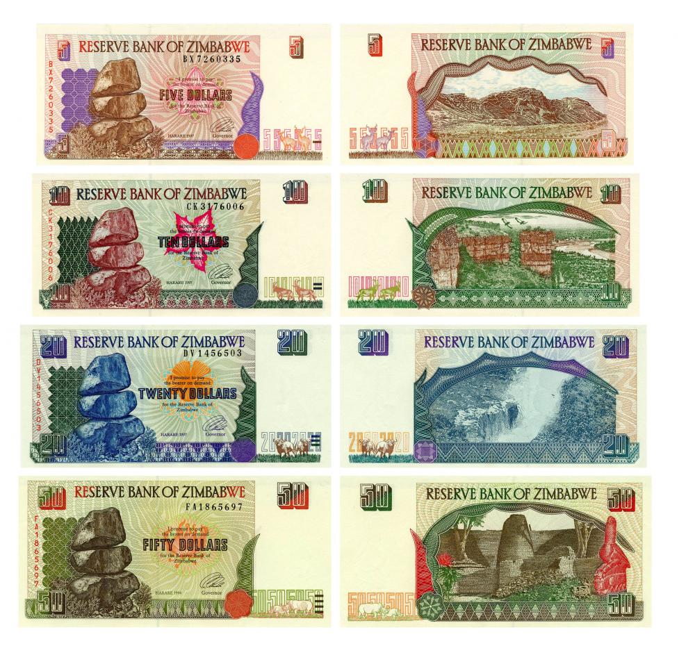 Коллекционная банкнота Зимбабве набор из 4 банкнот 1997 года UNC 5/10/20/50 долларов P5-P8 (Б13421)
