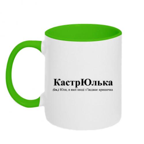 Чашка двухцветная "Юля, в якої з'їжджає кришечка" 320 мл Белый с зеленым (16970558-37-198986)
