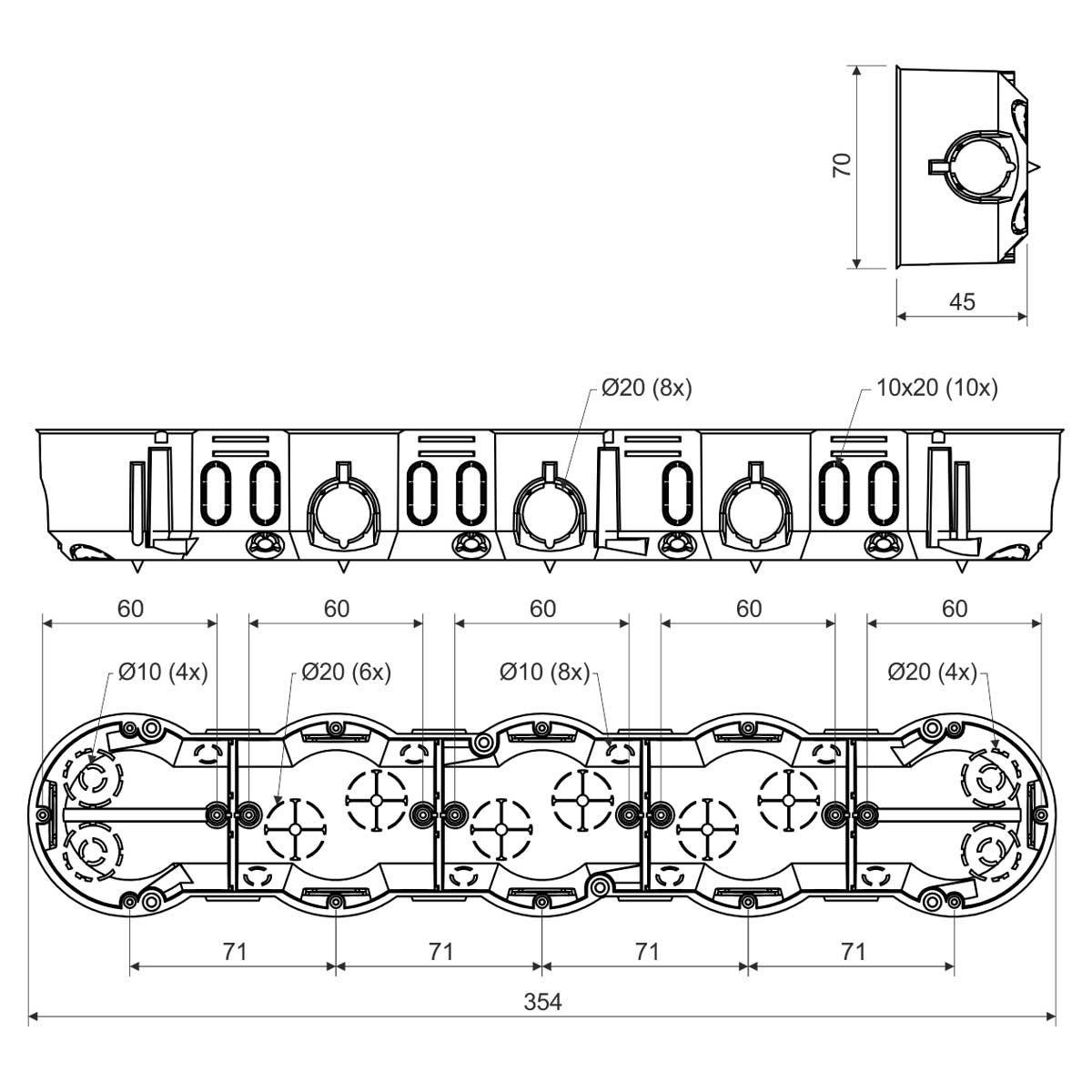 Коробка установочная KOPOS пятиместный кирпич-бетон ПВХ 354х70х45 мм (KP 64/5_KA) - фото 2