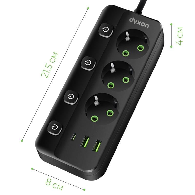 Фільтр-подовжувач мережевий DYXON PRO-1096 5 м 3 розетки 2 USB-A 1 USB-C (PD) - фото 5 Фільтр-подовжувач мережевий DYXON PRO-1096 5 м 3 розетки 2 USB-A 1 USB-C (PD) - фото 5