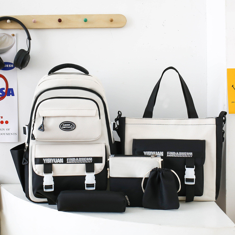 Рюкзак школьный набор 5в1 подростковый для девочки 5-11 класс сумка-шоппер/клатч/пенал Черно-белый (28110969)