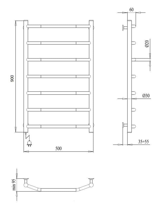 Полотенцесушитель электрический Paladii Классик 900х500х7L терморегулятор ТР01 (РШе394РL) - фото 2 Полотенцесушитель электрический Paladii Классик 900х500х7L терморегулятор ТР01 (РШе394РL) - фото 2