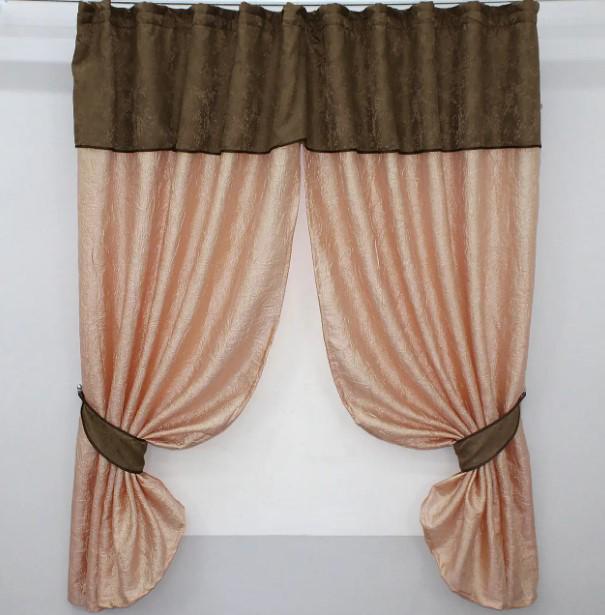 Шторки на кухню/балкон с ламбрекеном и подвязками 260х170 см Персиковый/Коричневый (073к)