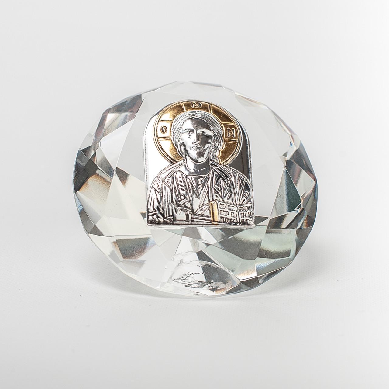 Срібна Ікона в кришталі Ісус Христос Спаситель 6,7х6,7 см в формі кристала
