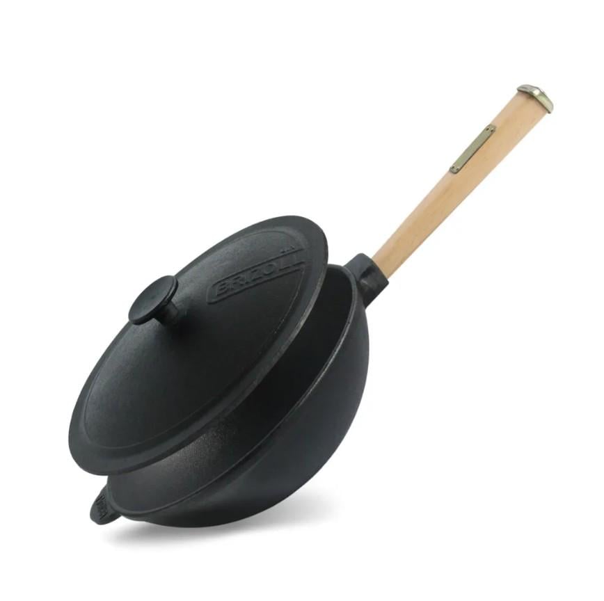 Сковорода чавунна Brizoll WOK з чавунною кришкою та дерев`яною ручкою 2,8 л 26 см (W26HP-1)