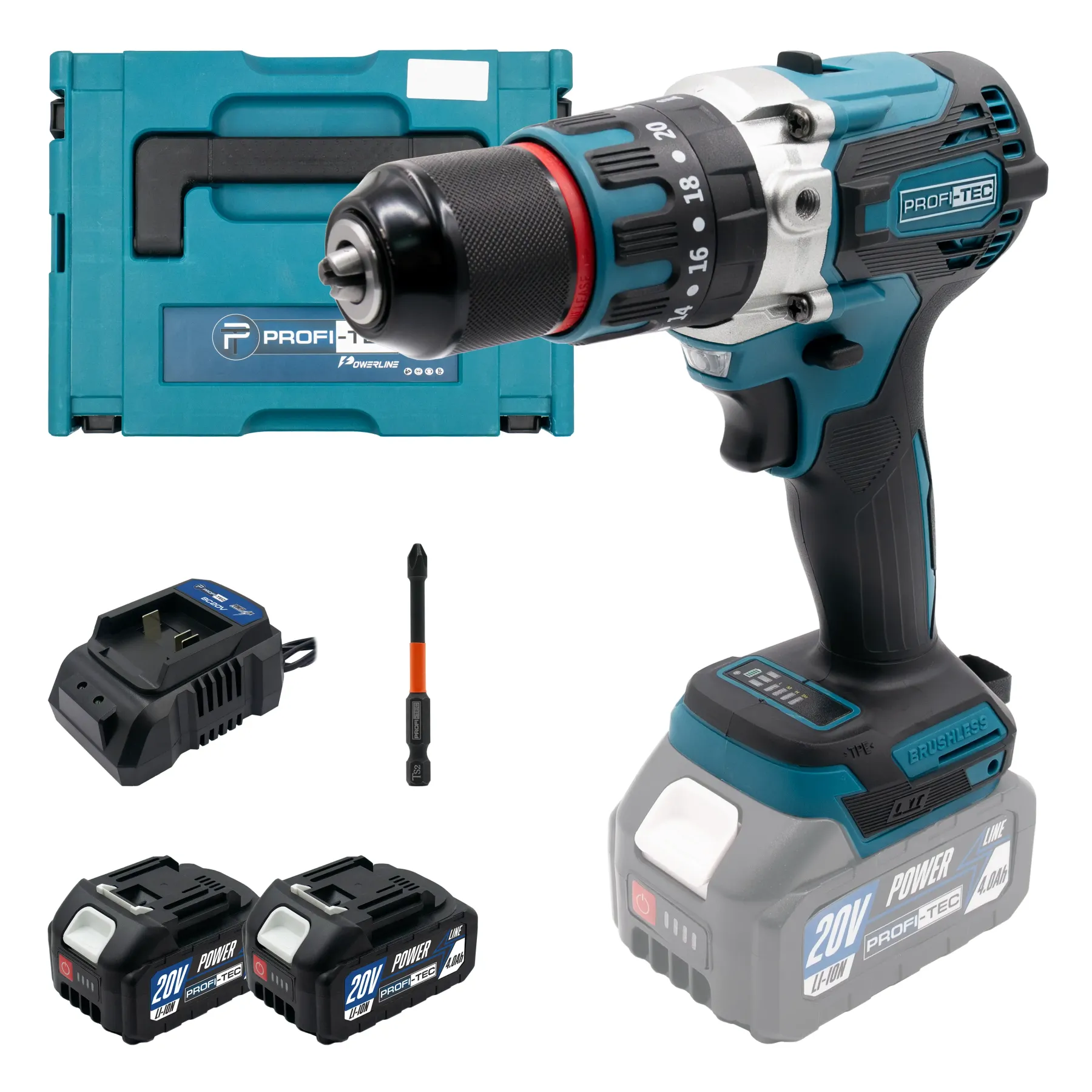 Дриль-шуруповерт акумуляторний ударний PROFI-TEC 20V DHP485BL POWERLine 2 х PT2040MP 4,0Аг зарядний пристрій BC20V кейс (006269)