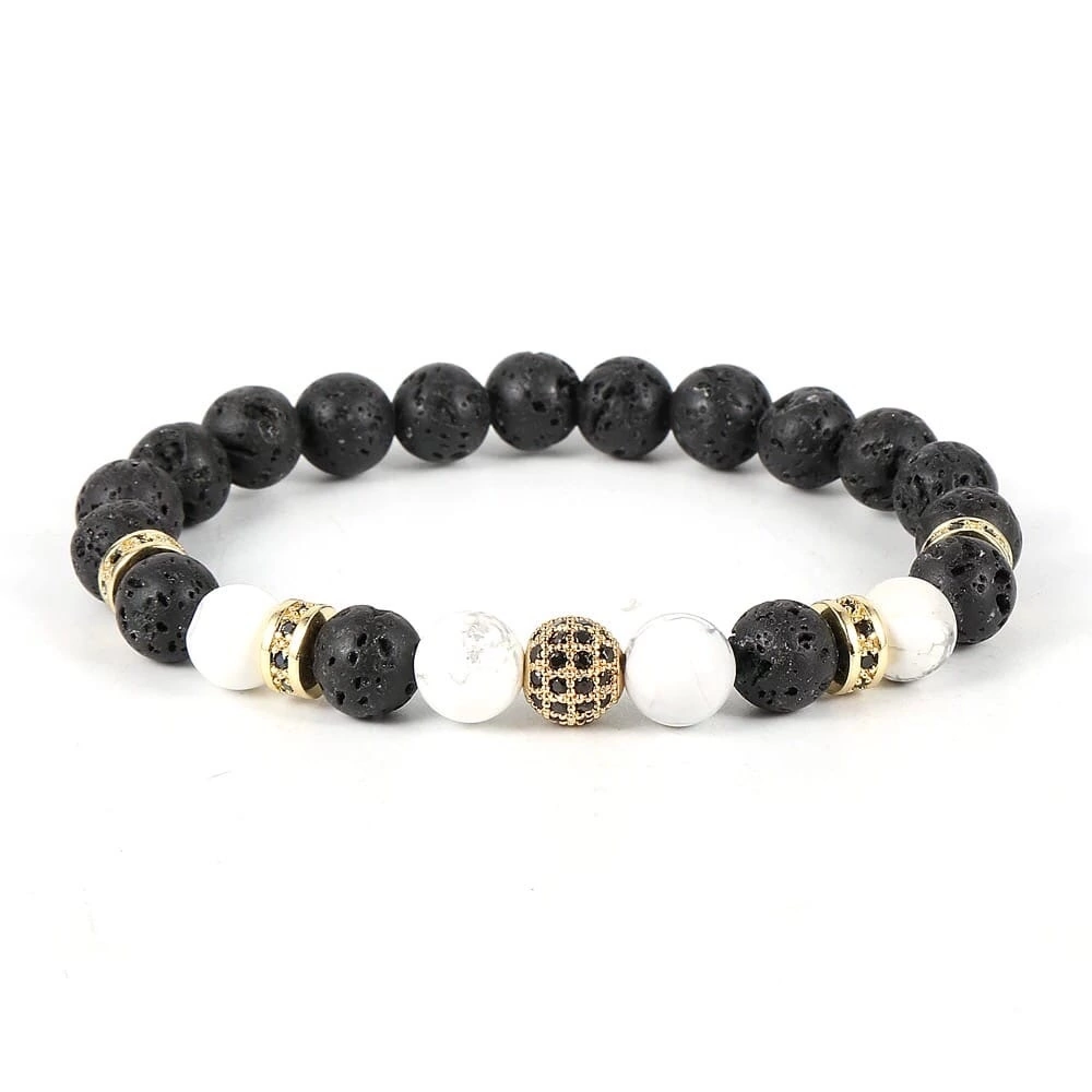 Браслет з лавового каменю та кахолонгу з кулею та дисками р. 16 Чорний/Білий/Золотий
 (90102)