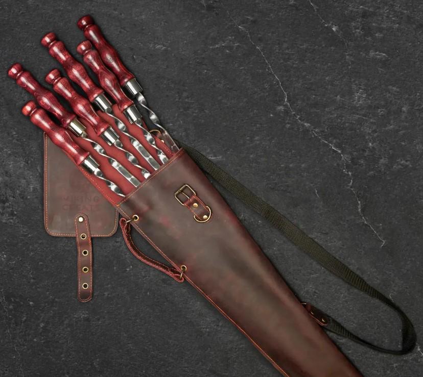 Подарочный набор шампуров в кожаном кейсе премиум-набор для шашлыка и барбекю Асгард Lite 6 предметов Бордовый