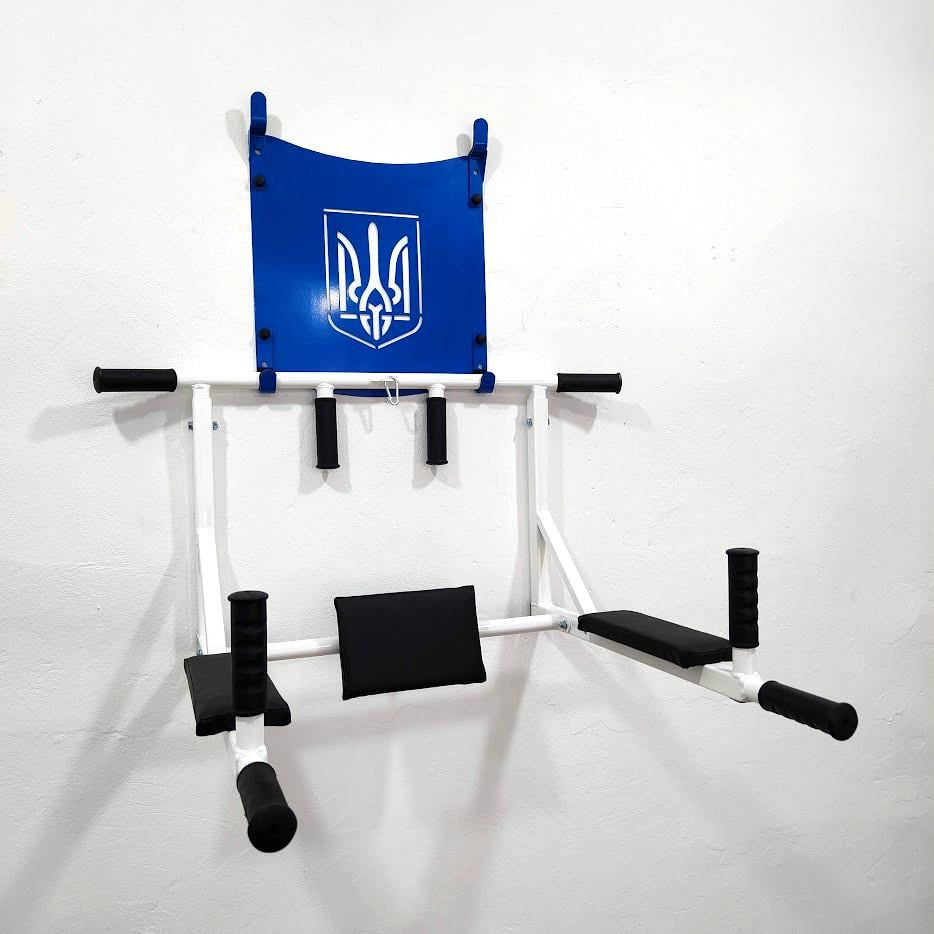 Турник-брусья SAB настенный разборной с резиновыми ручками/рамкой с гербом и адаптивной спинкой для пресса разборной Белый/Синий (0079) - фото 5