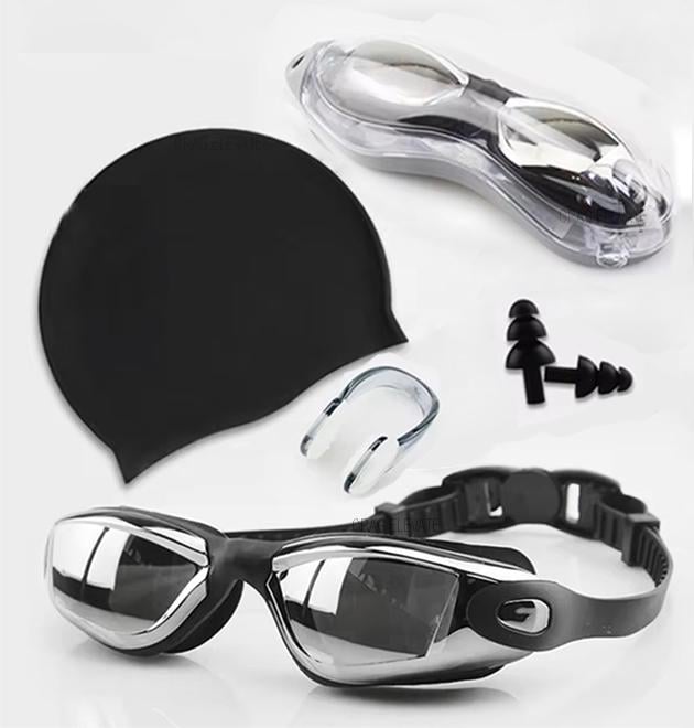 Очки и шапочка для плавания с берушами и зажимом для носа для мужчин в футляре Черный