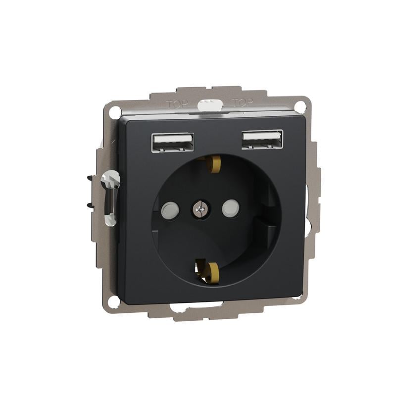 Розетка Schneider Electric PC Sedna Design&Element с заземлением 2USB тип А Черный (SDD114052)