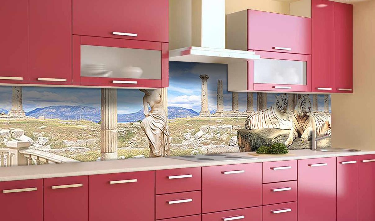 Кухонный фартук Тигры и скульптура колонны из самоклеющейся виниловой пленки 60х250 см Бежевый