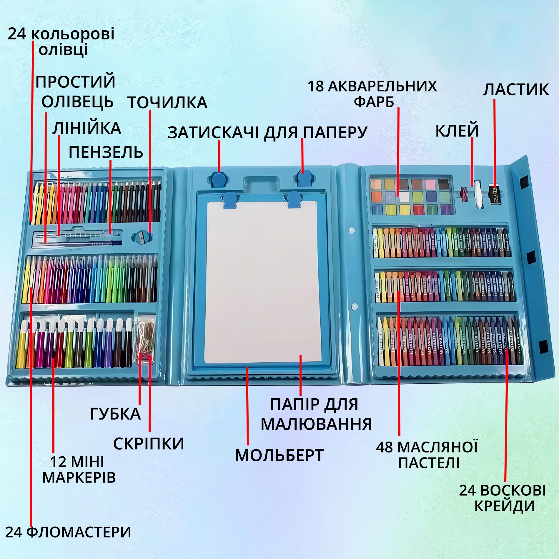 Набір для малювання та творчості з мольбертом у зручному кейсі 208 предметів Блакитний - фото 4