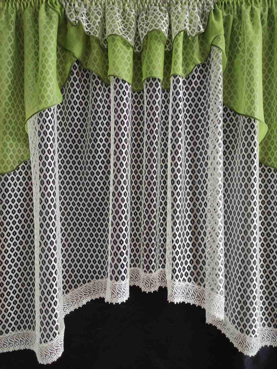 Занавеска Белла сетка с шифоновым ламбрекеном 285х170 см Белый с зеленым (кр-03)