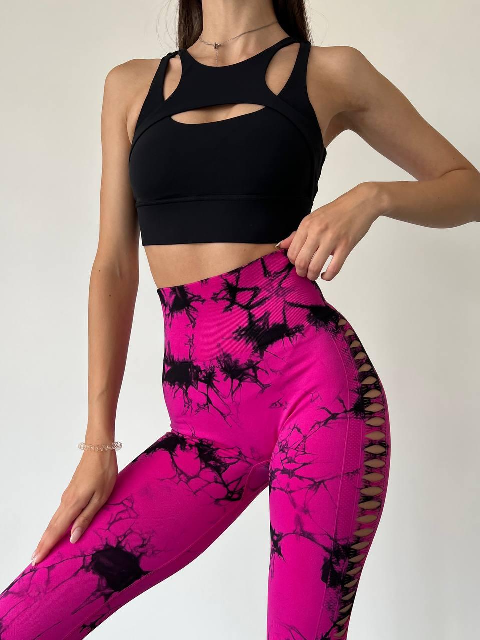 Леггинсы с мраморным принтом и перфорацией L Розовый (KJ05L) - фото 2