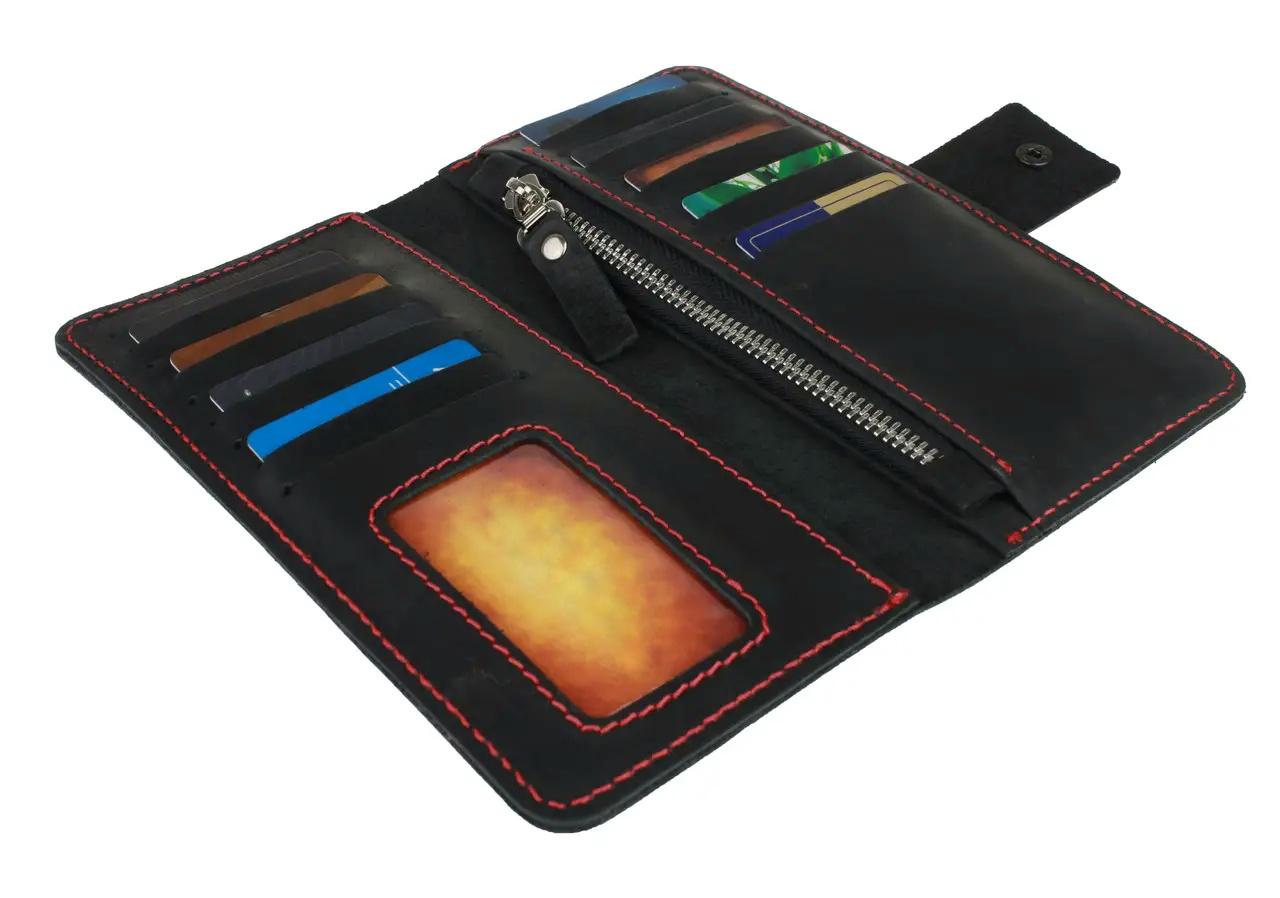 Гаманець FREESKIN шкіряний прошитий червоною ниткою 19х9,5х1 см Чорний - фото 4