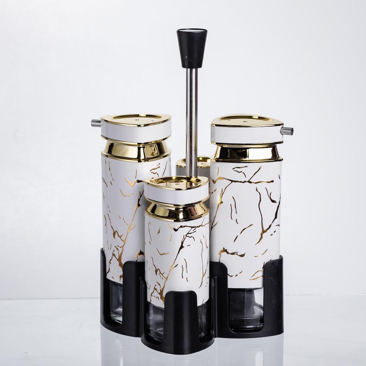 Набір баночок для спецій і рідких текстур на підставці 4 предмети Білий мармур (HP-1331) - фото 3 Набір баночок для спецій і рідких текстур на підставці 4 предмети Білий мармур (HP-1331) - фото 3