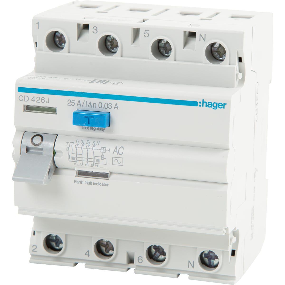 Дифференциальный автомат Hager УЗО 4P 25A 30mA AC (CD426J)