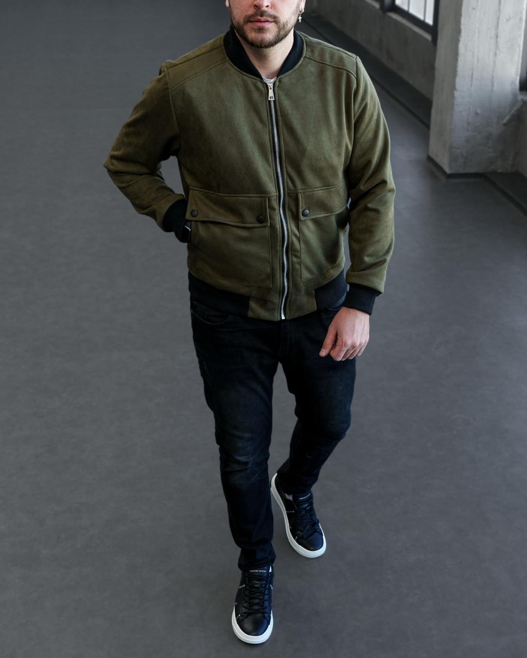 Бомбер мужской замшевый демисезонный L Хаки (F0020/1/3) - фото 4